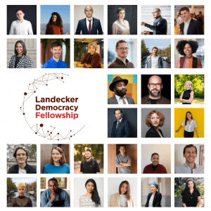 A grid of headshots of all the Fellows of the new cohort with the Landecker Democracy Fellowship logo