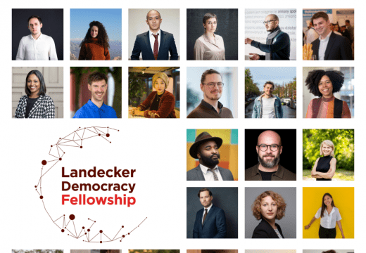 A grid of headshots of all the Fellows of the new cohort with the Landecker Democracy Fellowship logo